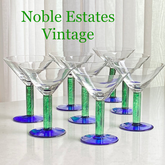 Vintage Fostoria green stem blue foot glasses for sale by Noble Estates Vintage.