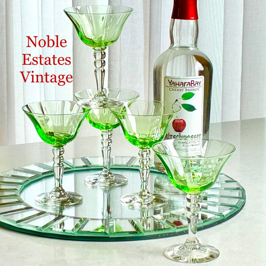 Vintage Uranium Glass Green Bowl Cordial / Liquor Glasses - Set of 5