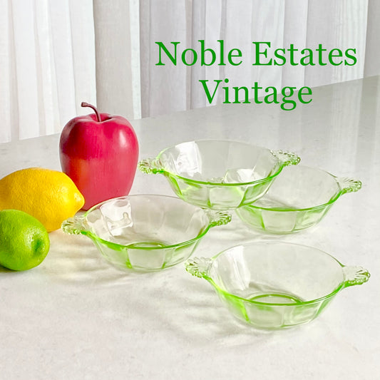 Vintage Anchor Hocking Green Uranium Glass Handled Bowls - Set of 4