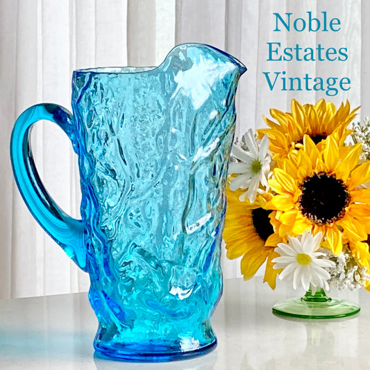 Vintage Seneca Driftwood Cornflower Blue 65 Ounce Crinkle Pitcher