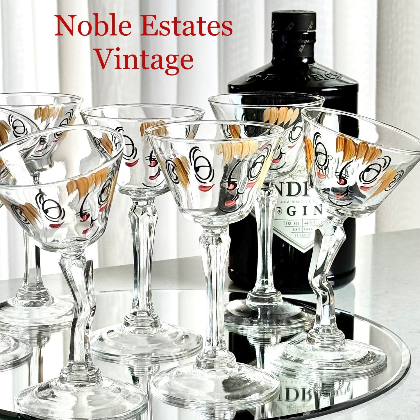 Vintage Gay Fad Studios Tipsy Beau Brummel Martini Cocktail Glasses - Set of 7