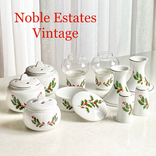 Vintage Kashima Christmas Holly Pieces - Candle Holders, Salt and Pepper Shakers, Decorative Box, and Potpourri Scent Diffusers Available