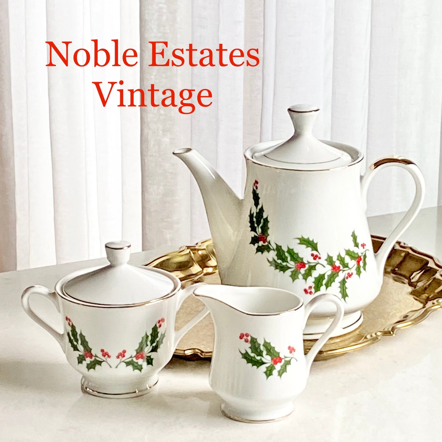 Vintage Kashima Christmas Holly Coffee/Tea Pot, Creamer and Covered Sugar bowl