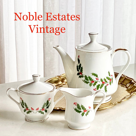 Vintage Kashima Christmas Holly Coffee/Tea Pot, Creamer and Covered Sugar bowl