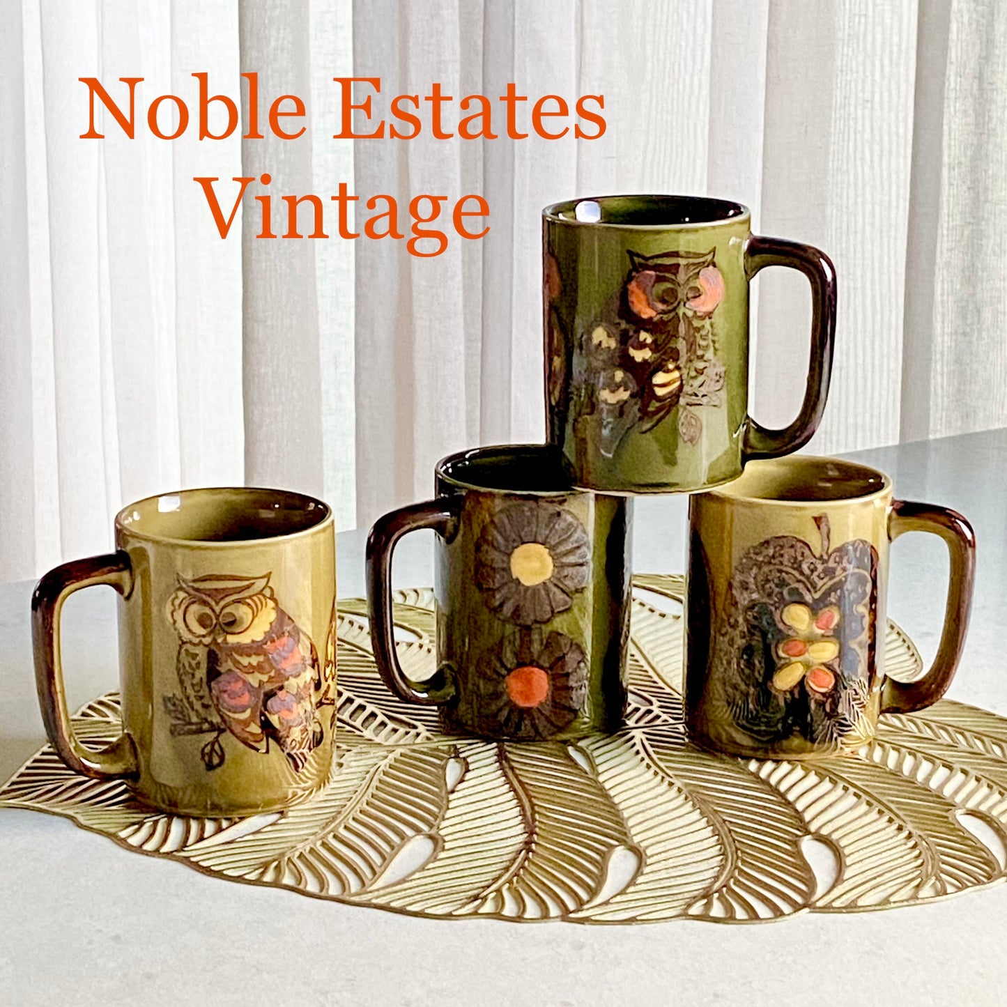 Vintage Otagiri Owl, Flower and Apple Mugs - Set of 4