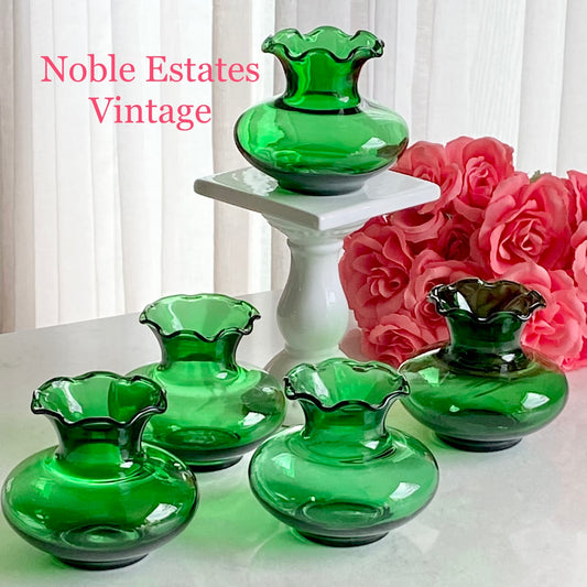 Vintage Anchor Hocking Forest Green Crimped Bud Vases (circa 1957 - 1965) - Set of 5