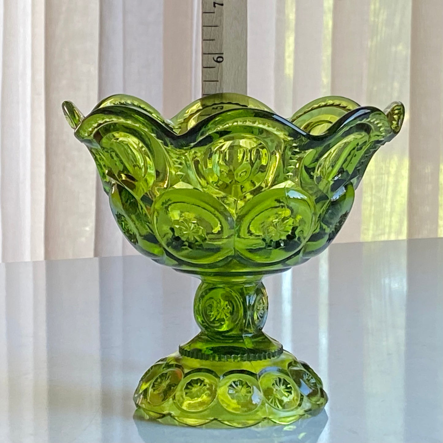 Vintage L.E. Smith Heritage Moon and Stars Green Pedestal Bowl