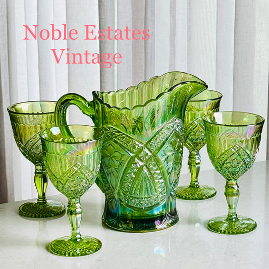 Vintage Indiana Tiara Iridescent Lime Green Eclipse Flower Medallion Carnival Glass Pitcher and 4 Glasses