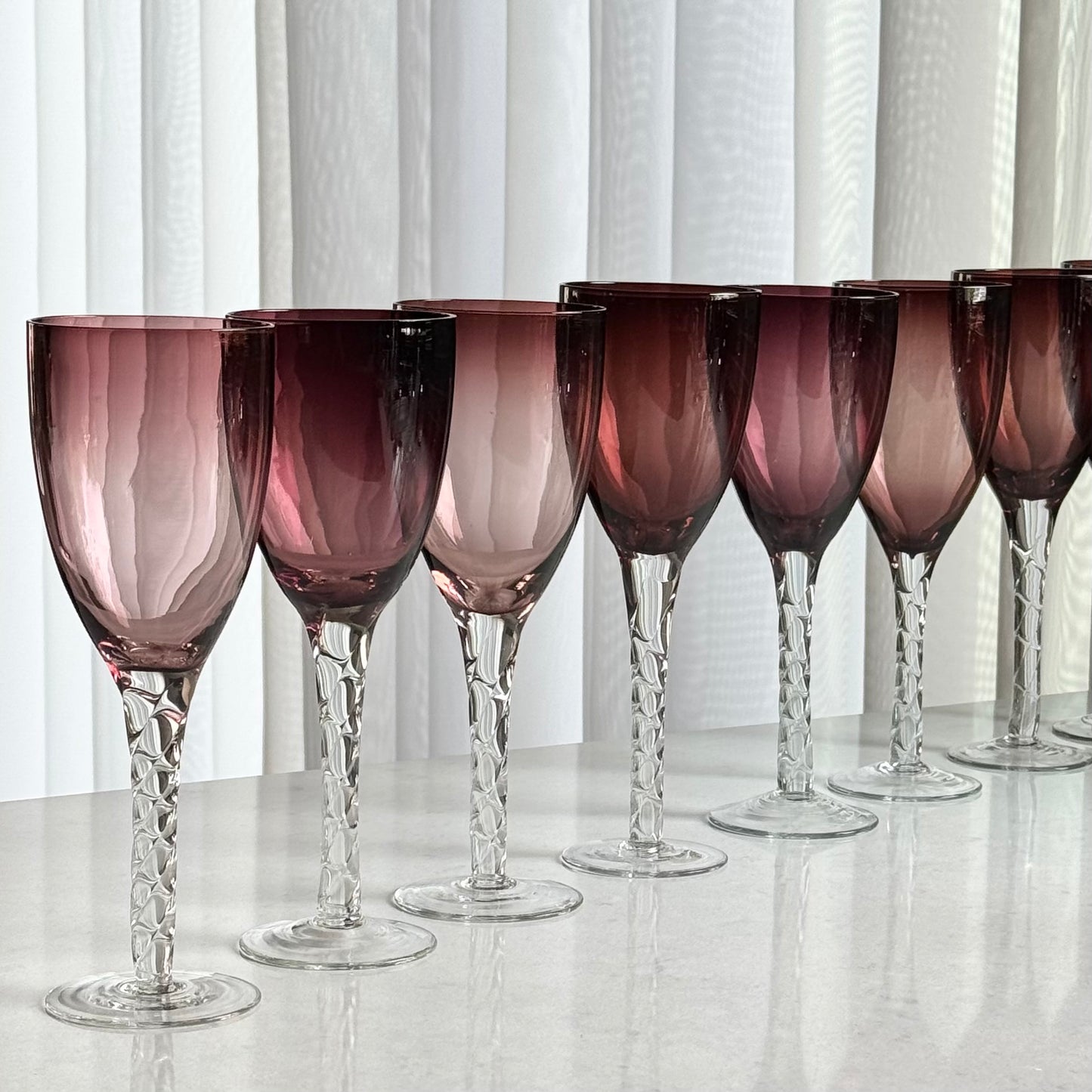 Vintage Amethyst Twisted Stem Glasses - Set of 11