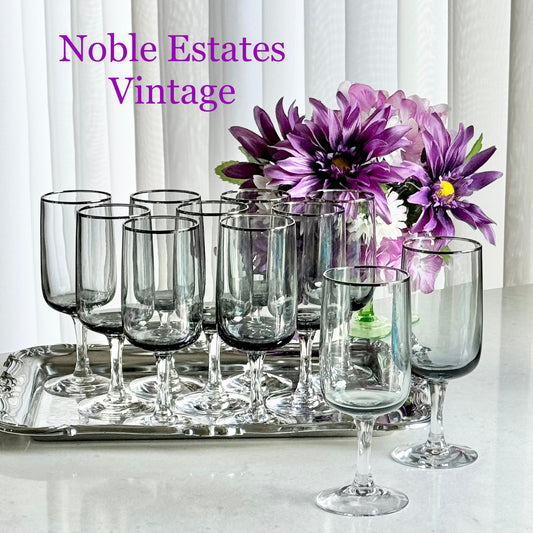 Vintage Fostoria Cherish Smoke Gray Glasses with Platinum Trim (circa 1969 - 1982) - Set of 11 (#FC1)