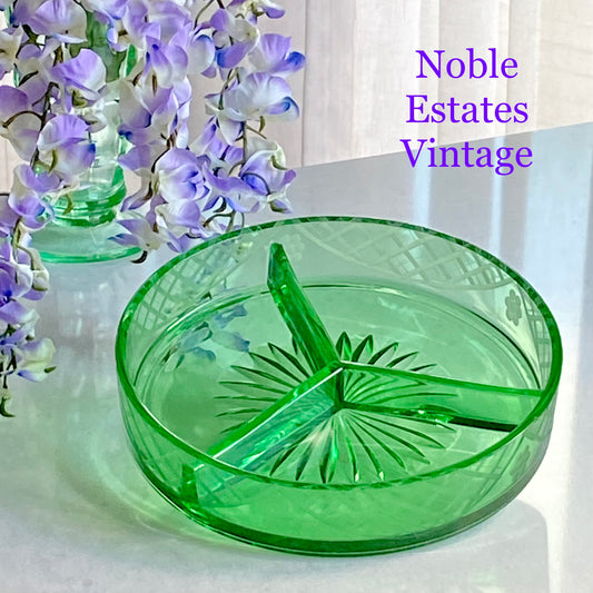Vintage Uranium Glass Green Etched Three Part Dish