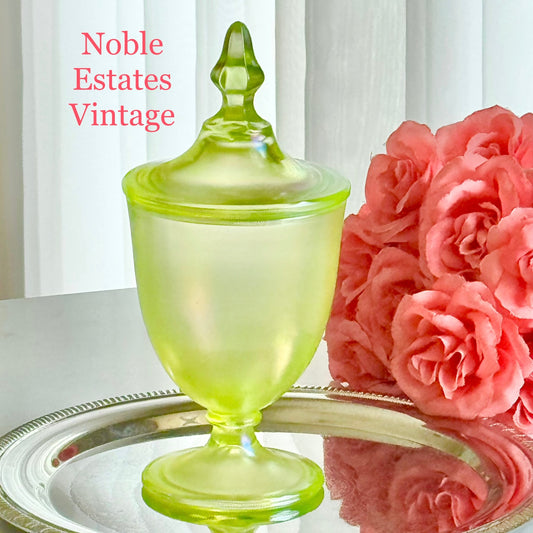 Vintage Fenton Vaseline Topaz Stretch Glass Dish with Lid (circa 1917 - 1930)