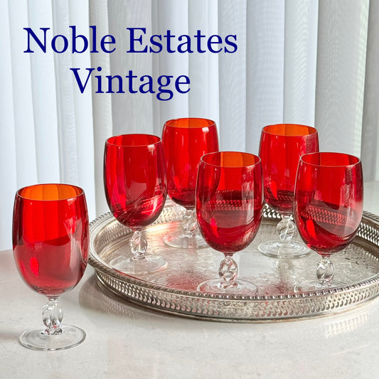 Vintage Ruby Red Twisted Stem Glasses - Set of 6