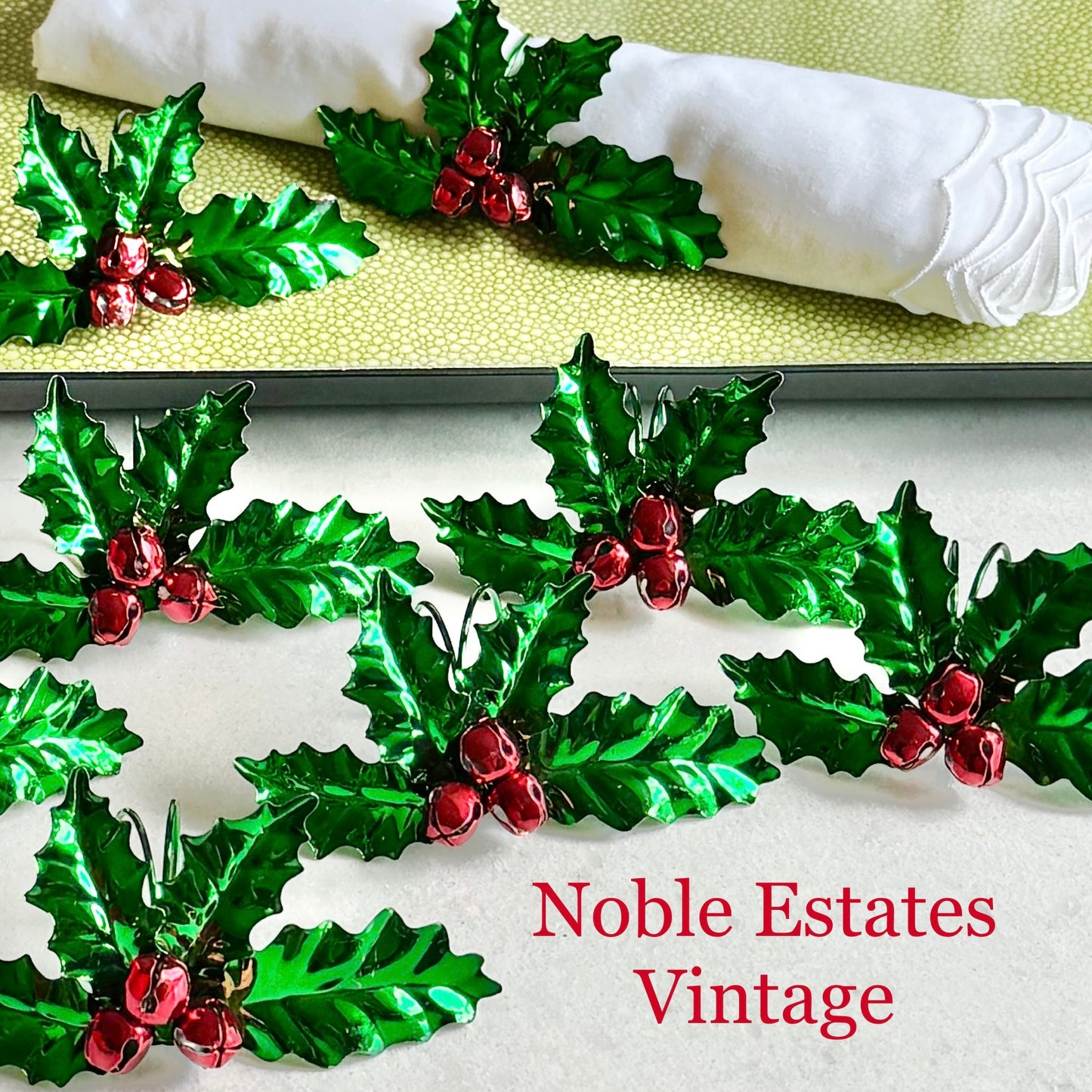Vintage Holly Bell Berry Napkin Rings - Set of 8