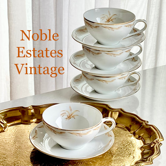 Vintage Abalone China Golden Grain Cups and Saucers - 4 Sets, 8 pieces total