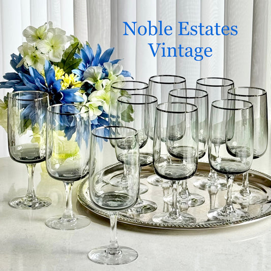 Vintage Fostoria Cherish Smoke Gray Glasses with Platinum Trim (circa 1969 - 1982) - Set of 11 (#FC2)