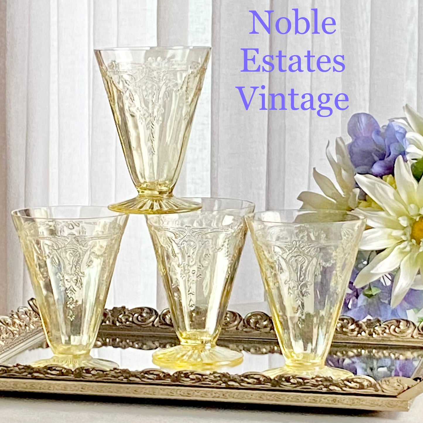 Vintage Anchor Hocking Cameo Dancing Ballerina Yellow Footed Glasses (circa 1930 - 1934) Set of 4