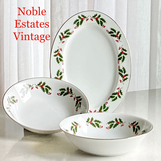 Vintage Kashima Christmas Holly Serving Pieces - Oval Platter and Two Bowls Available