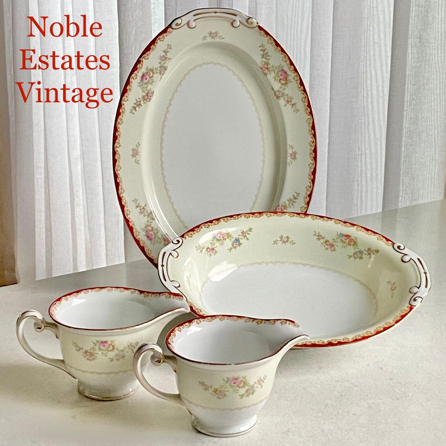 Vintage Cherry China red rimmed serving pieces for sale by Noble Estates Vintage.
