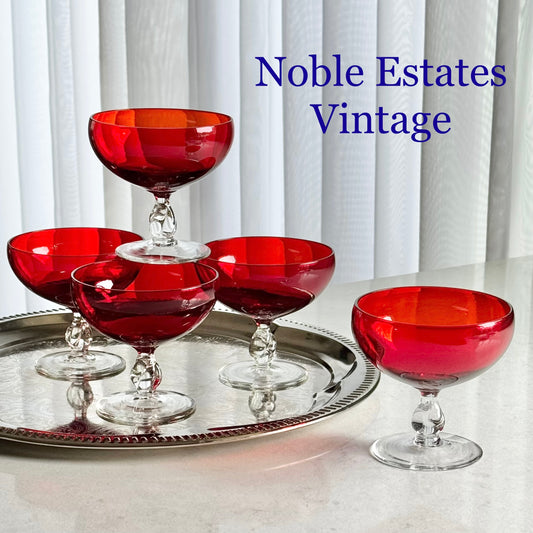 Vintage Ruby Red Twisted Stem Glasses - Set of 5