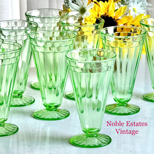Vintage Green Uranium Glass Footed Tumblers / Parfaits - Set of 10