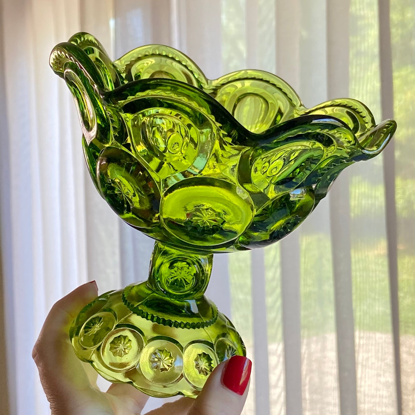 Vintage L.E. Smith Heritage Moon and Stars Green Pedestal Bowl