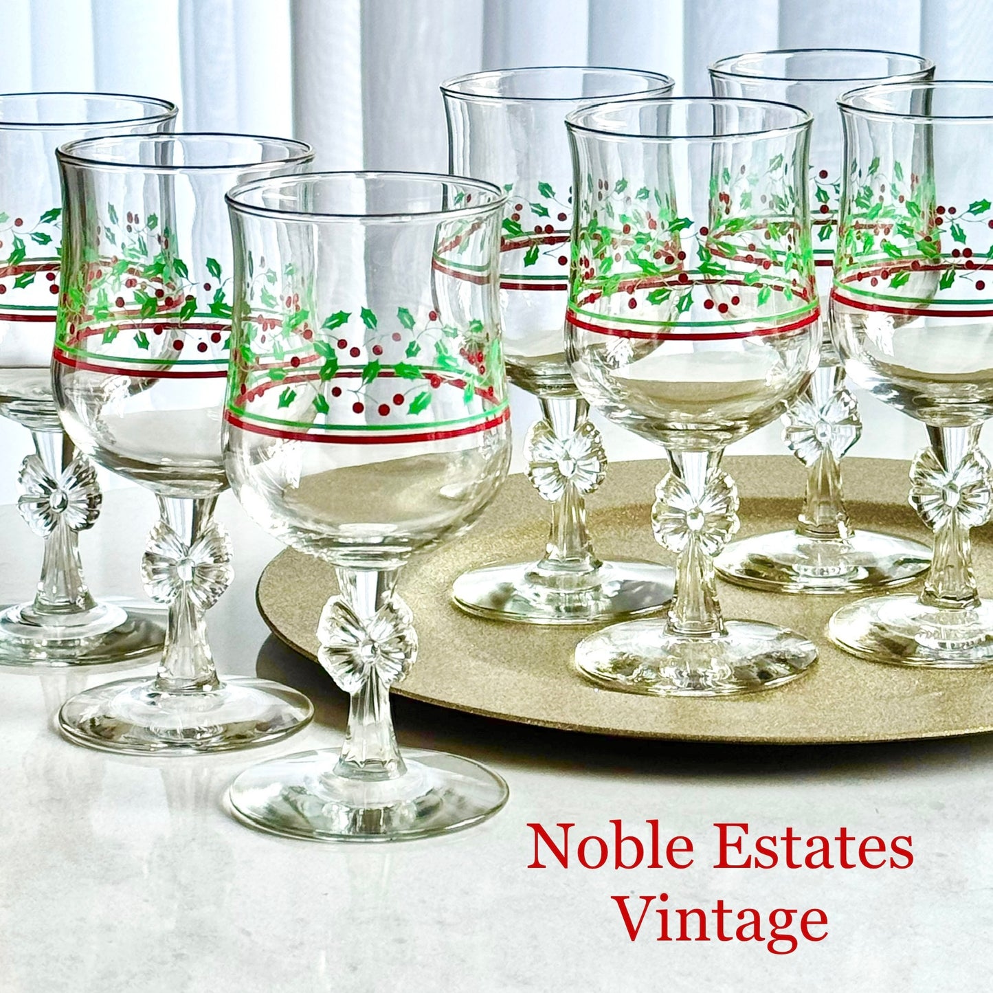 Vintage Arby's Bow Stem Gold Trimmed Christmas Glasses - Set of 12