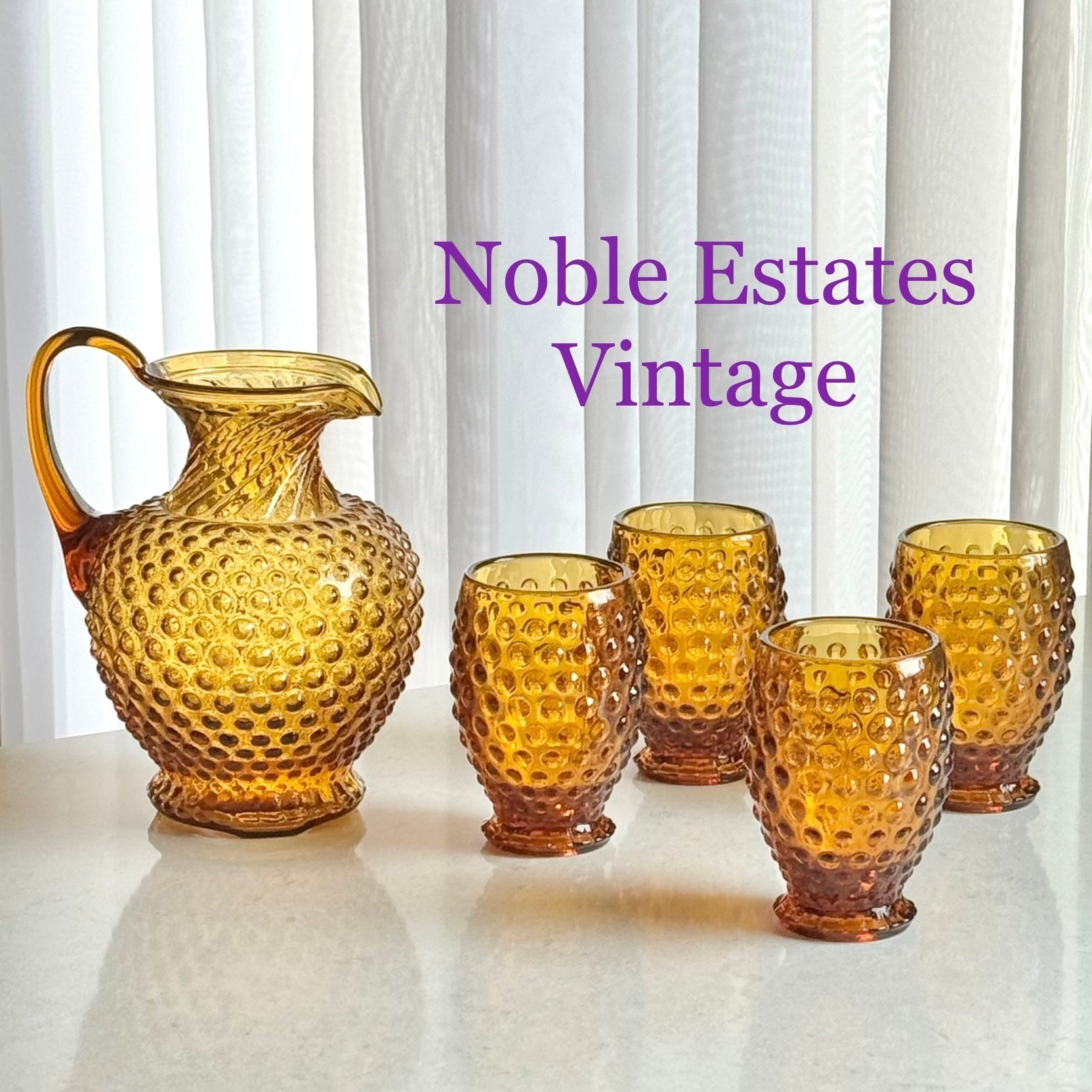 Indiana Glass Tiara Exclusives Amber Gold Hobnail Pitcher and 4