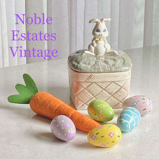 Vintage Hand Painted Bunny Rabbit on a Basket Box with Lid