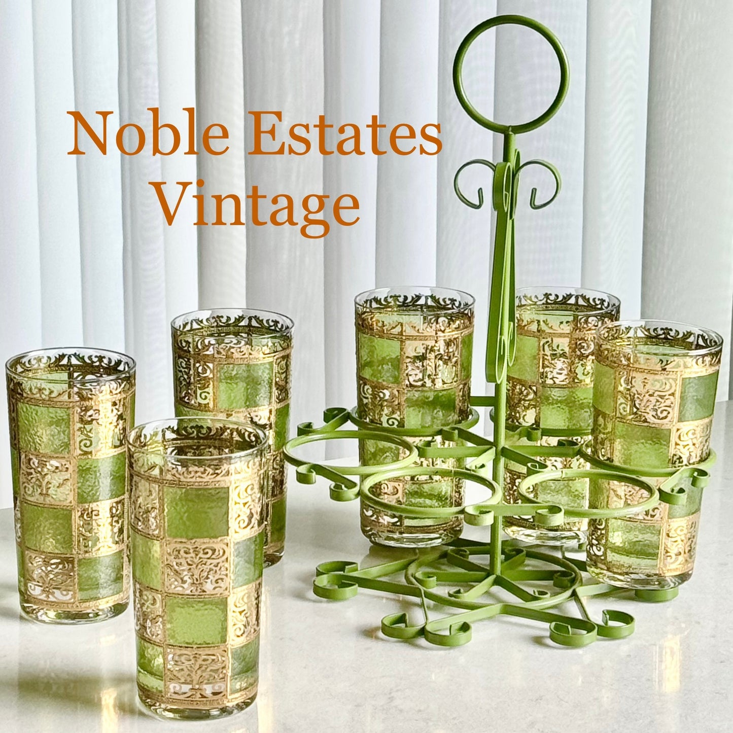 Vintage Culver Carrier Caddy and Six (6) Gold and Green Prado Glasses