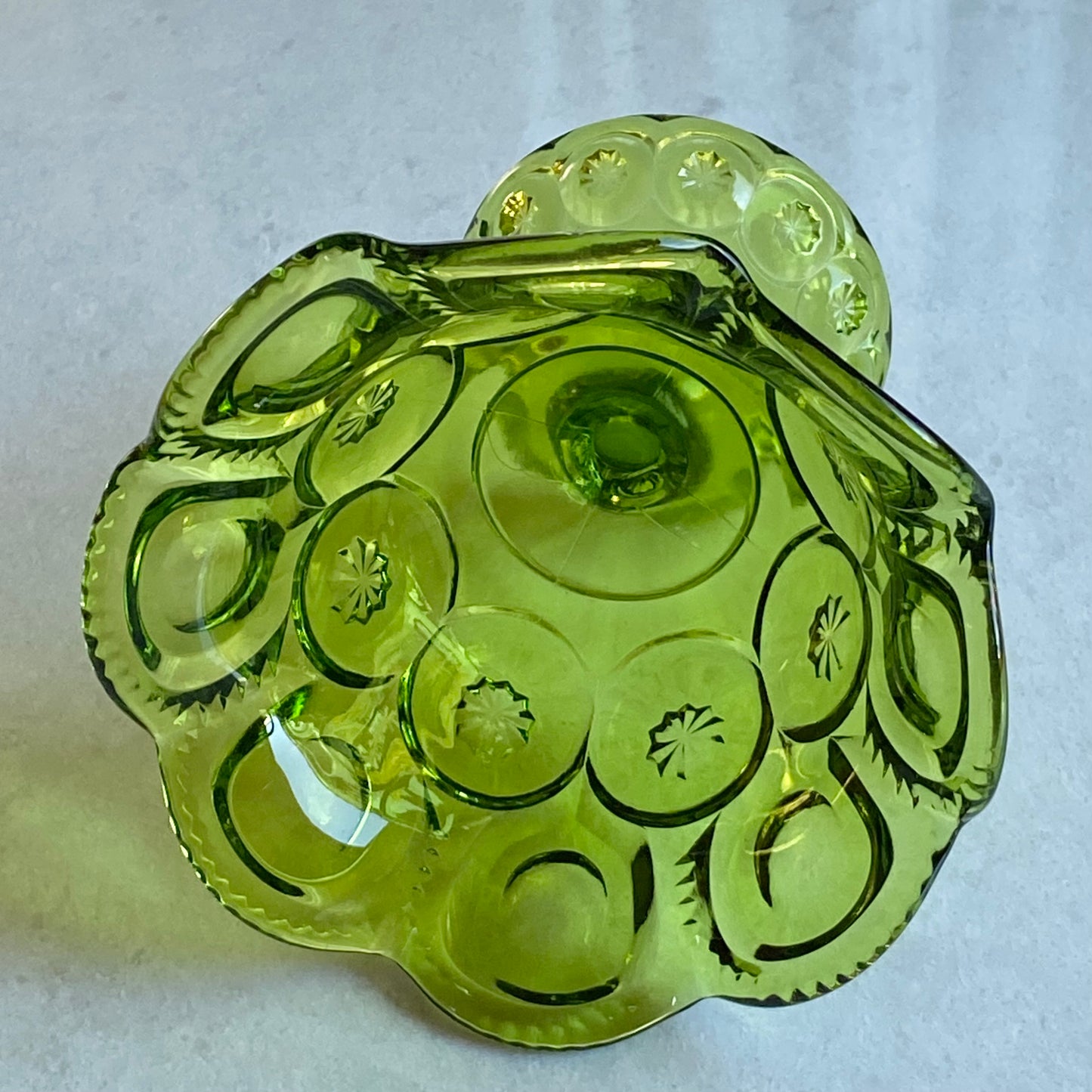 Vintage L.E. Smith Heritage Moon and Stars Green Pedestal Bowl