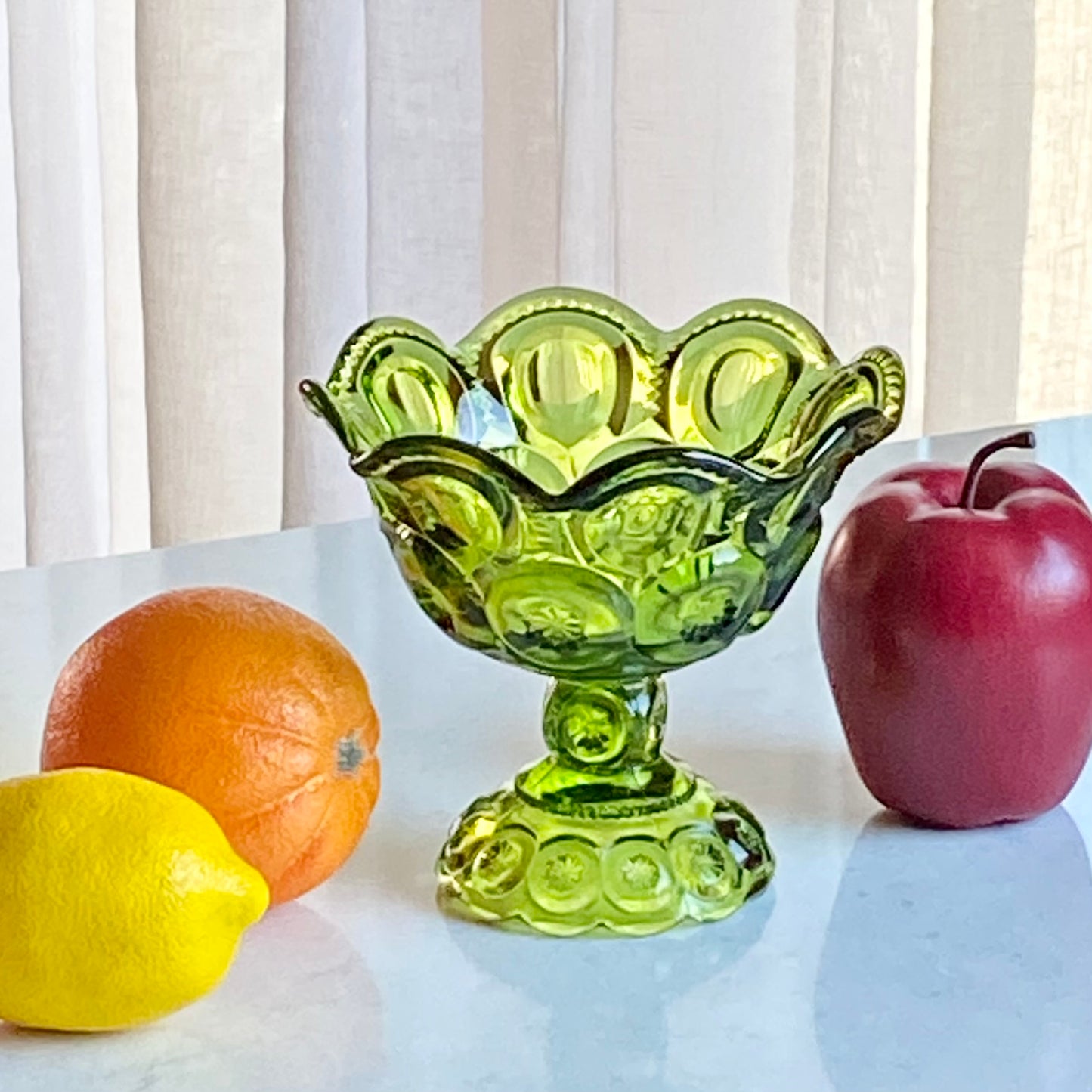 Vintage L.E. Smith Heritage Moon and Stars Green Pedestal Bowl
