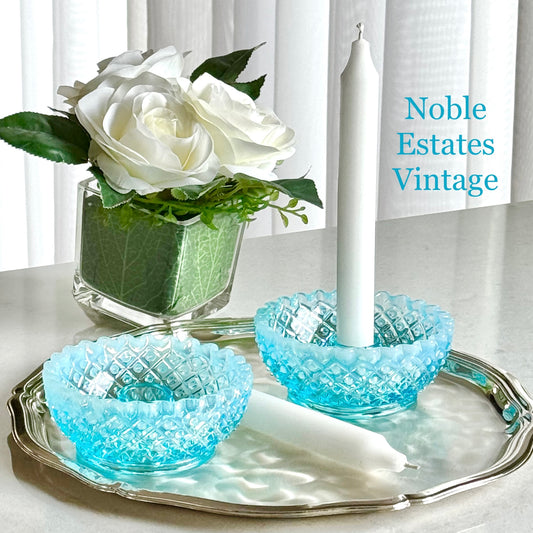 Vintage Fenton Diamond Lace Blue Opalescent Candle Holders (circa 1949 - 1954) - Set of 2