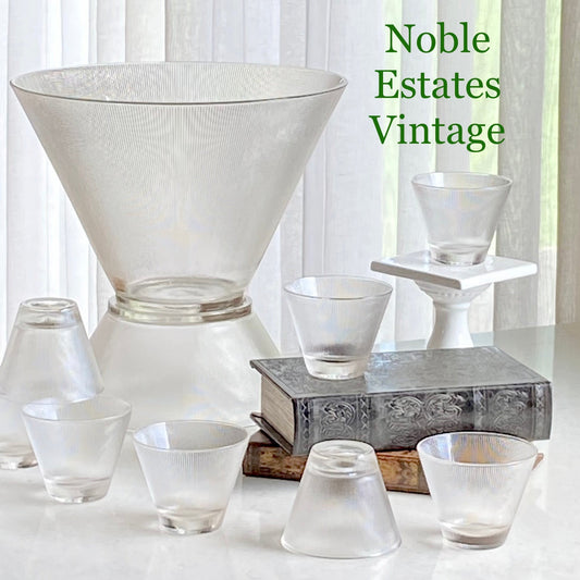 Vintage Federal Glass Norse Ribbed Punch Set - 9 Pieces Total (Bowl, Base and 7 Cups)