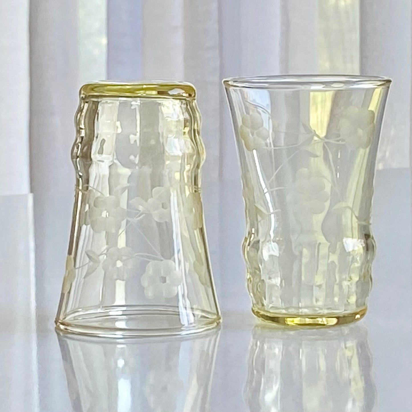 Vintage Yellow Etched Glasses - Set of 8