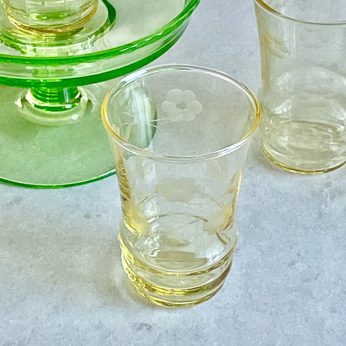 Vintage Yellow Etched Glasses - Set of 8