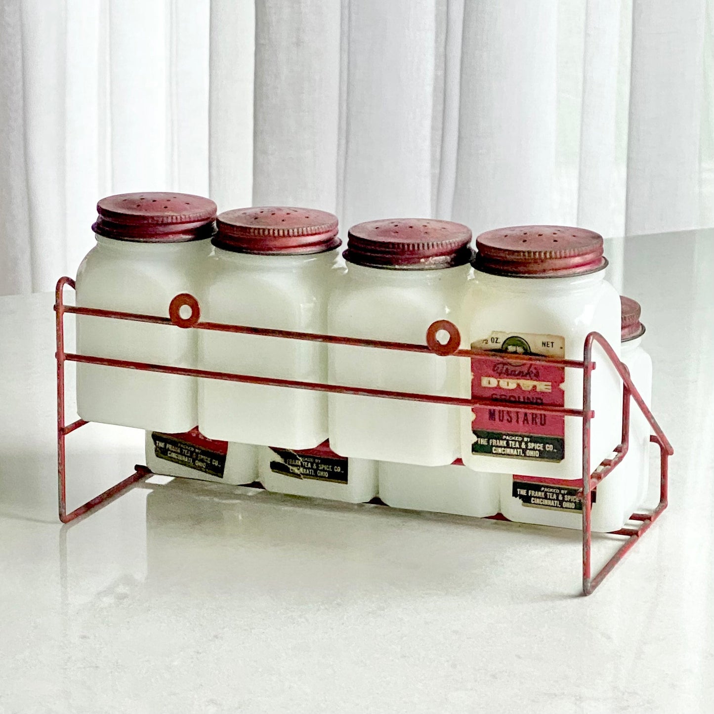 Vintage Dove Spice Jars and Rack made by the Frank Tea & Spice Co. (circa 1930s)