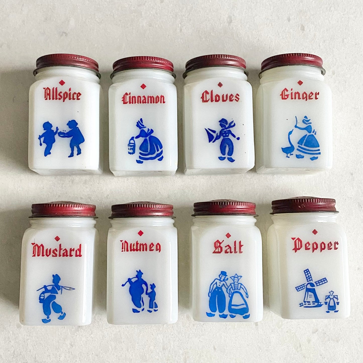 Vintage Dove Spice Jars and Rack made by the Frank Tea & Spice Co. (circa 1930s)
