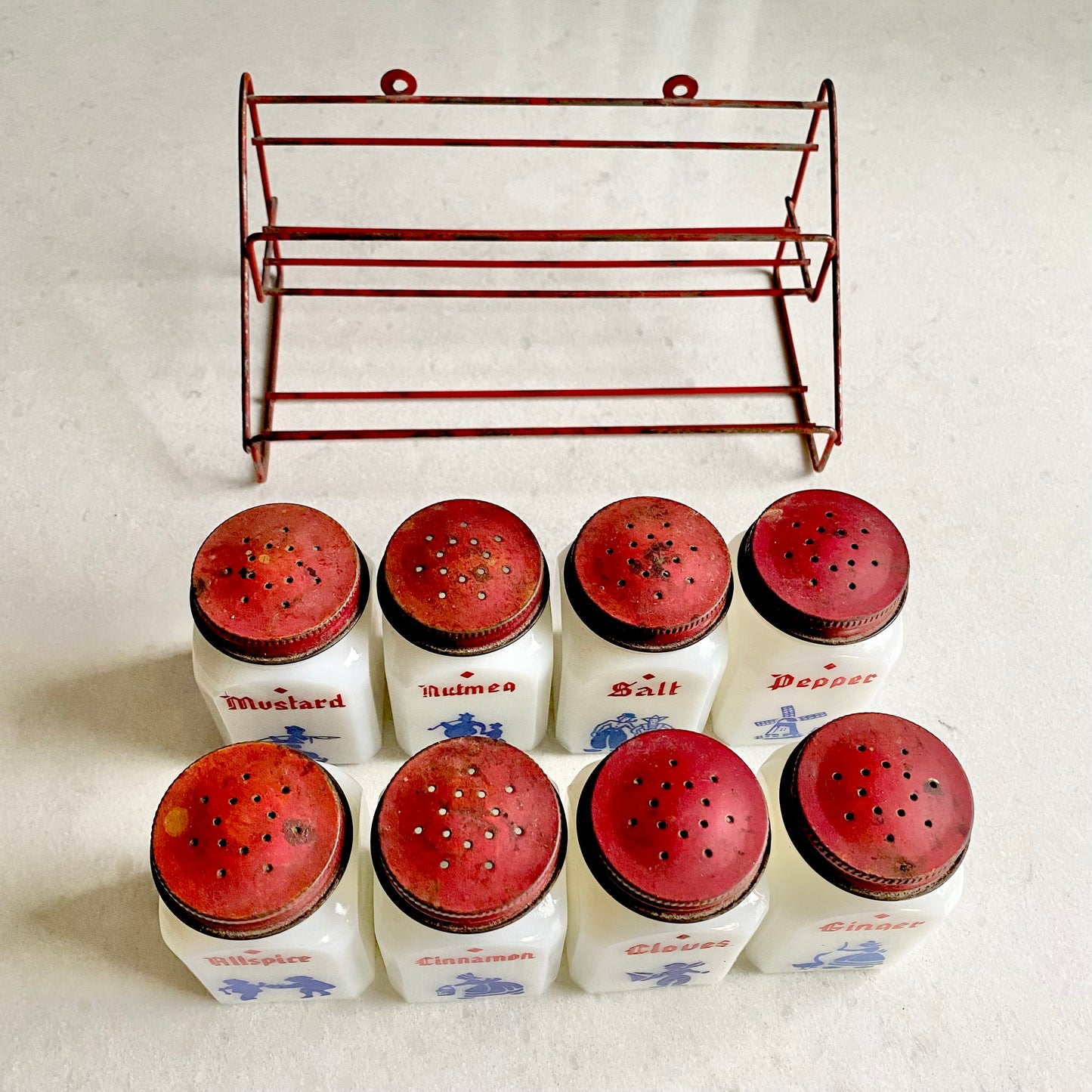Vintage Dove Spice Jars and Rack made by the Frank Tea & Spice Co. (circa 1930s)