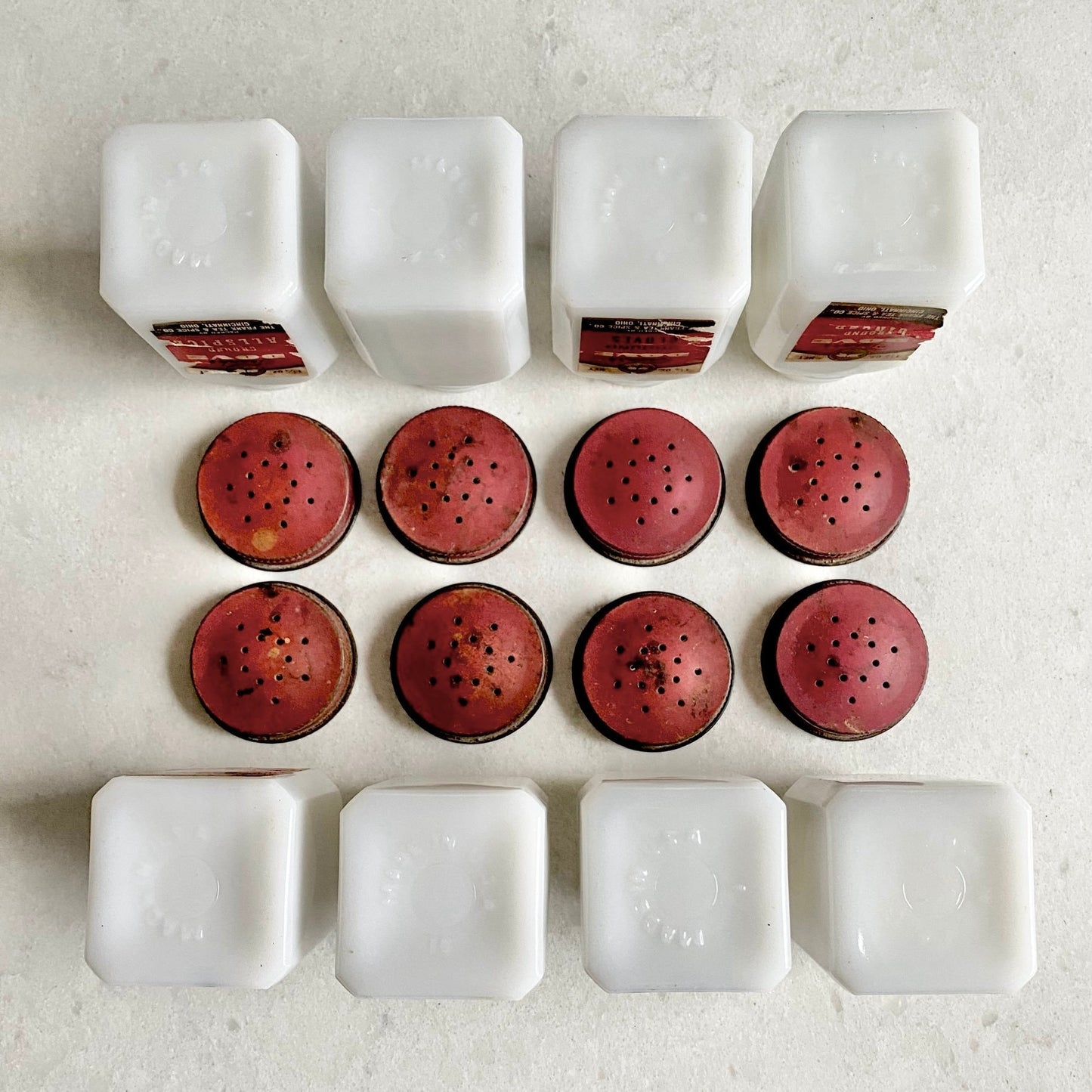 Vintage Dove Spice Jars and Rack made by the Frank Tea & Spice Co. (circa 1930s)