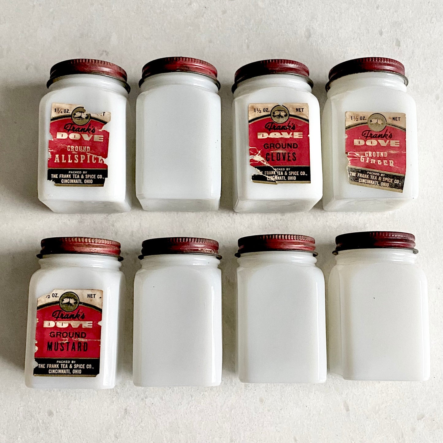 Vintage Dove Spice Jars and Rack made by the Frank Tea & Spice Co. (circa 1930s)