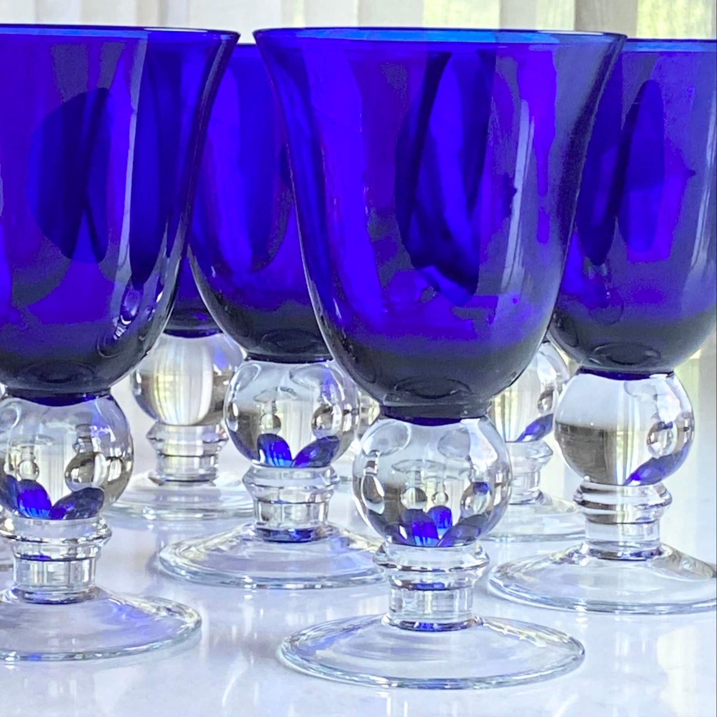 Vintage Cobalt Blue Ball Stem Glasses - Set of 6
