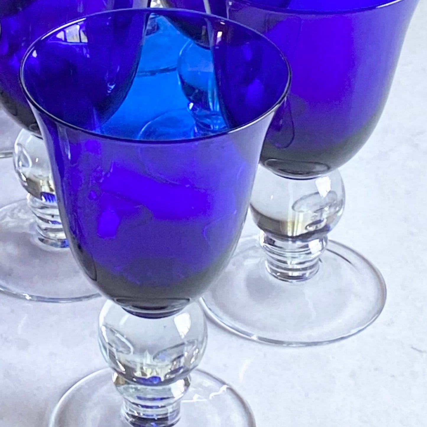 Vintage Cobalt Blue Ball Stem Glasses - Set of 6