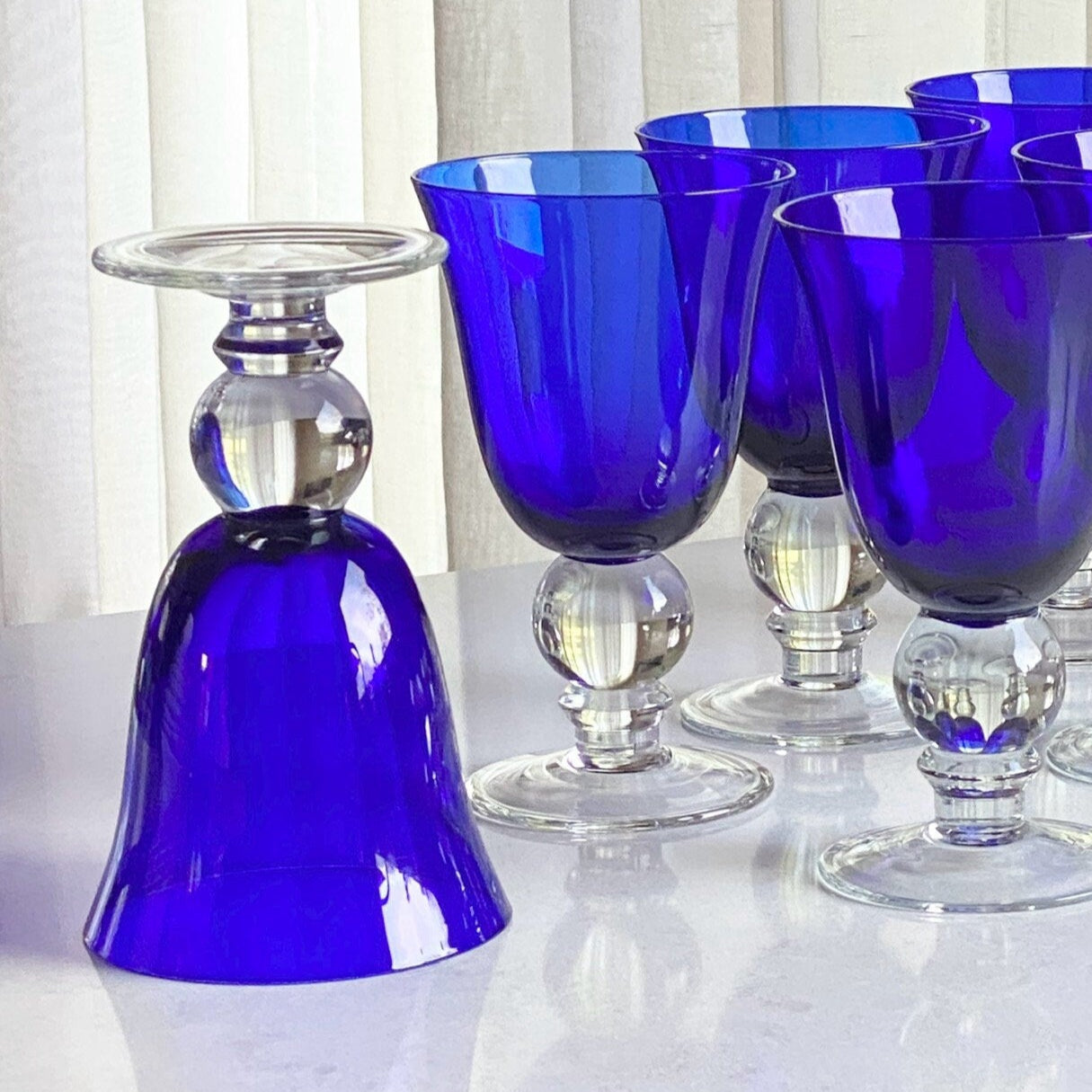 Vintage Cobalt Blue Ball Stem Glasses - Set of 6