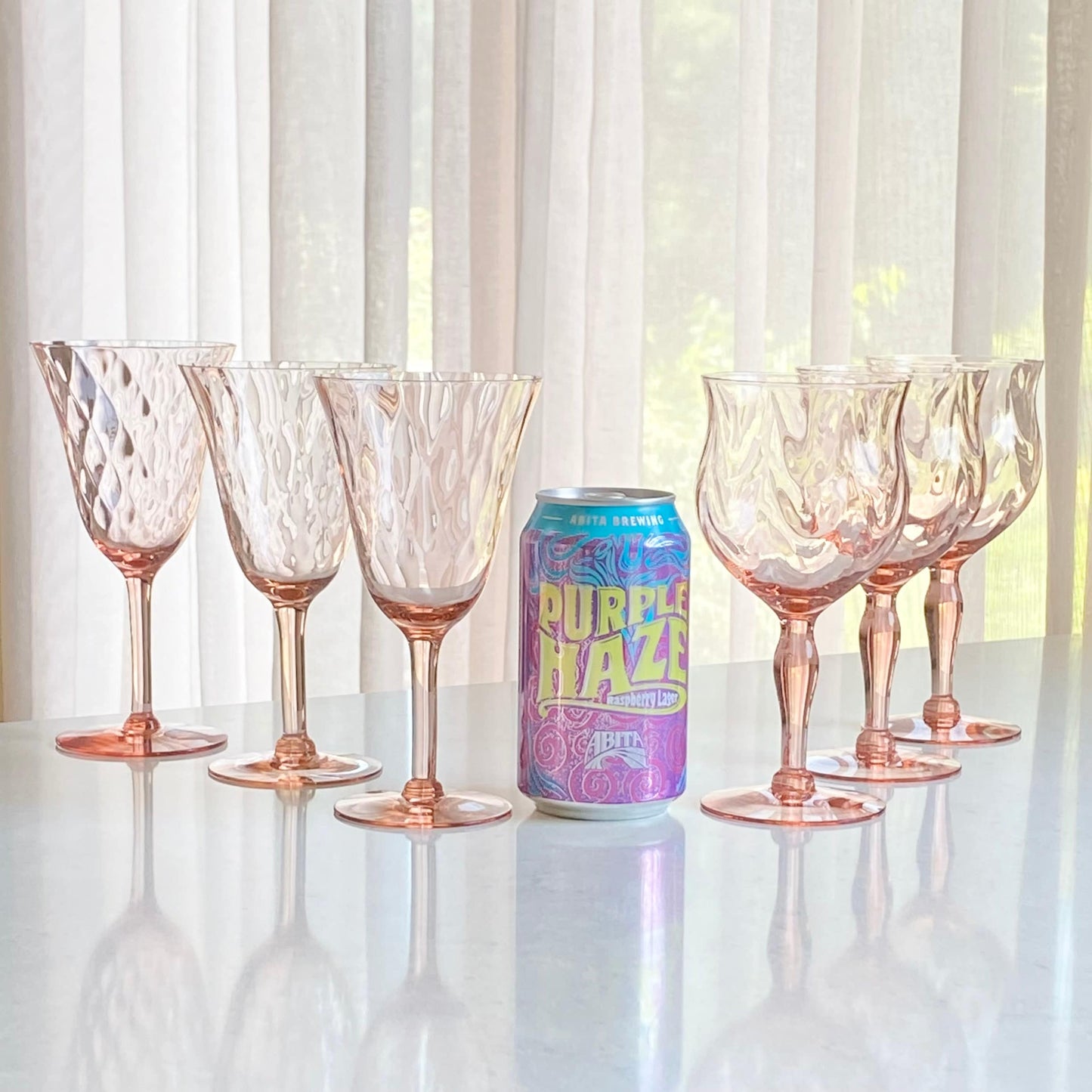 Mixed Set of Six (6) Vintage Pink Optic Pattern Glasses