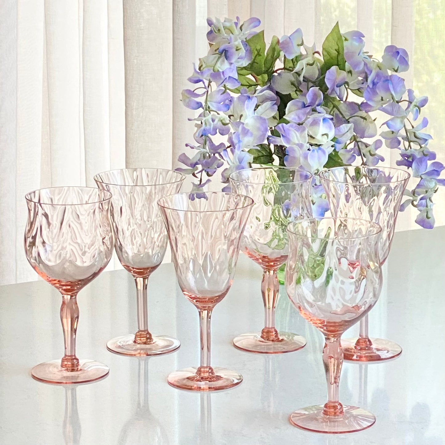 Mixed Set of Six (6) Vintage Pink Optic Pattern Glasses