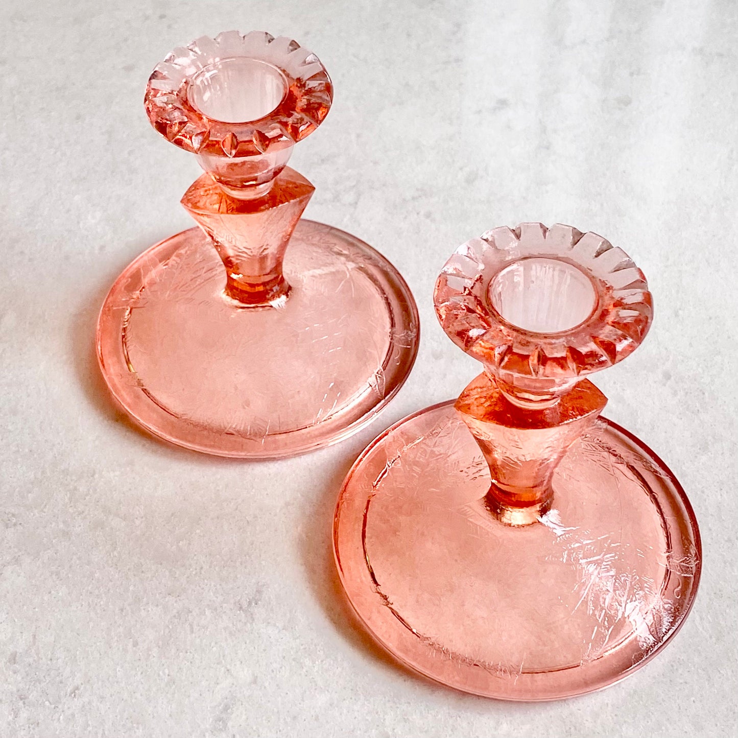Vintage Jeannette Glass Floral Poinsettia Etched Pink Candle Holders (circa 1932 - 1935) - Set of 2