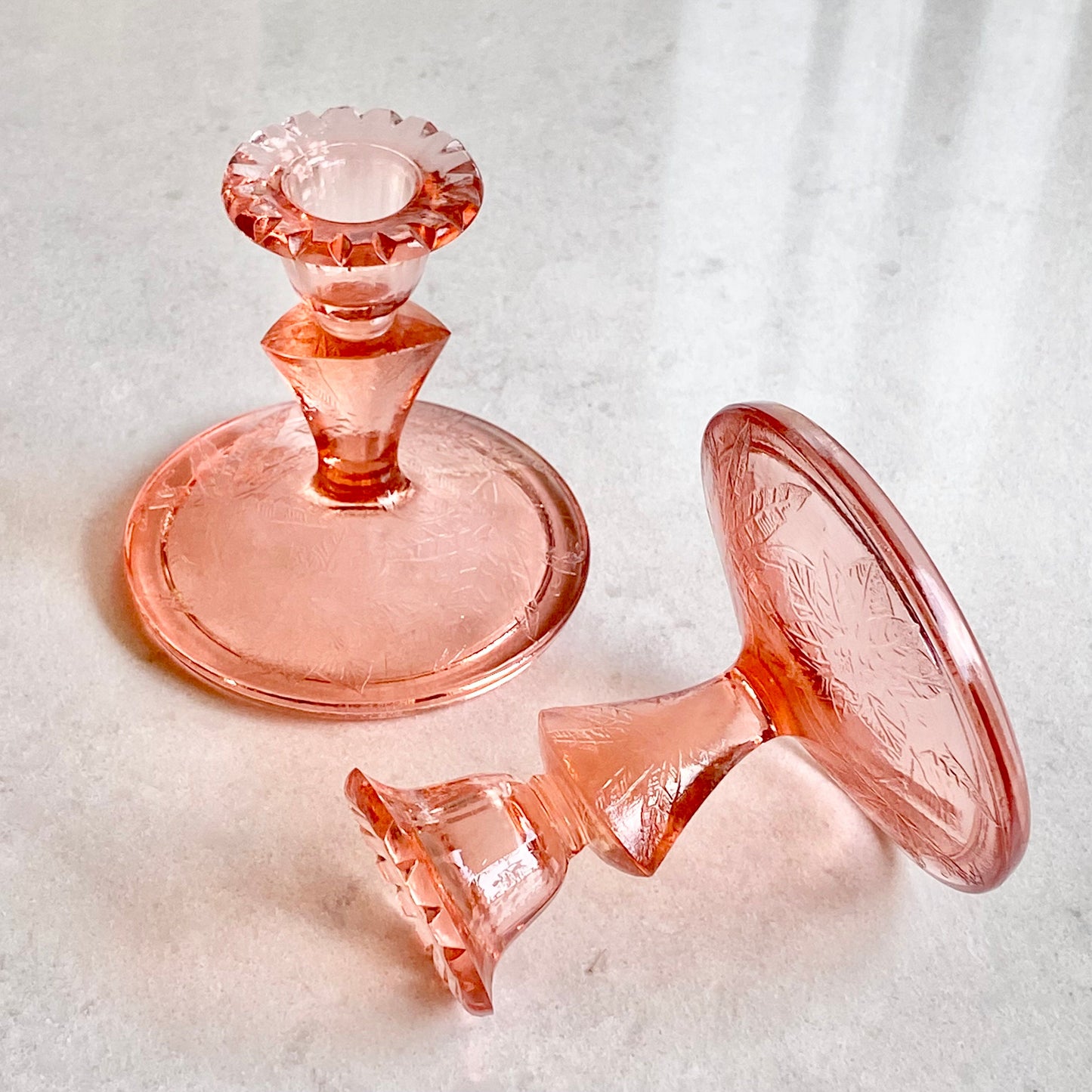 Vintage Jeannette Glass Floral Poinsettia Etched Pink Candle Holders (circa 1932 - 1935) - Set of 2