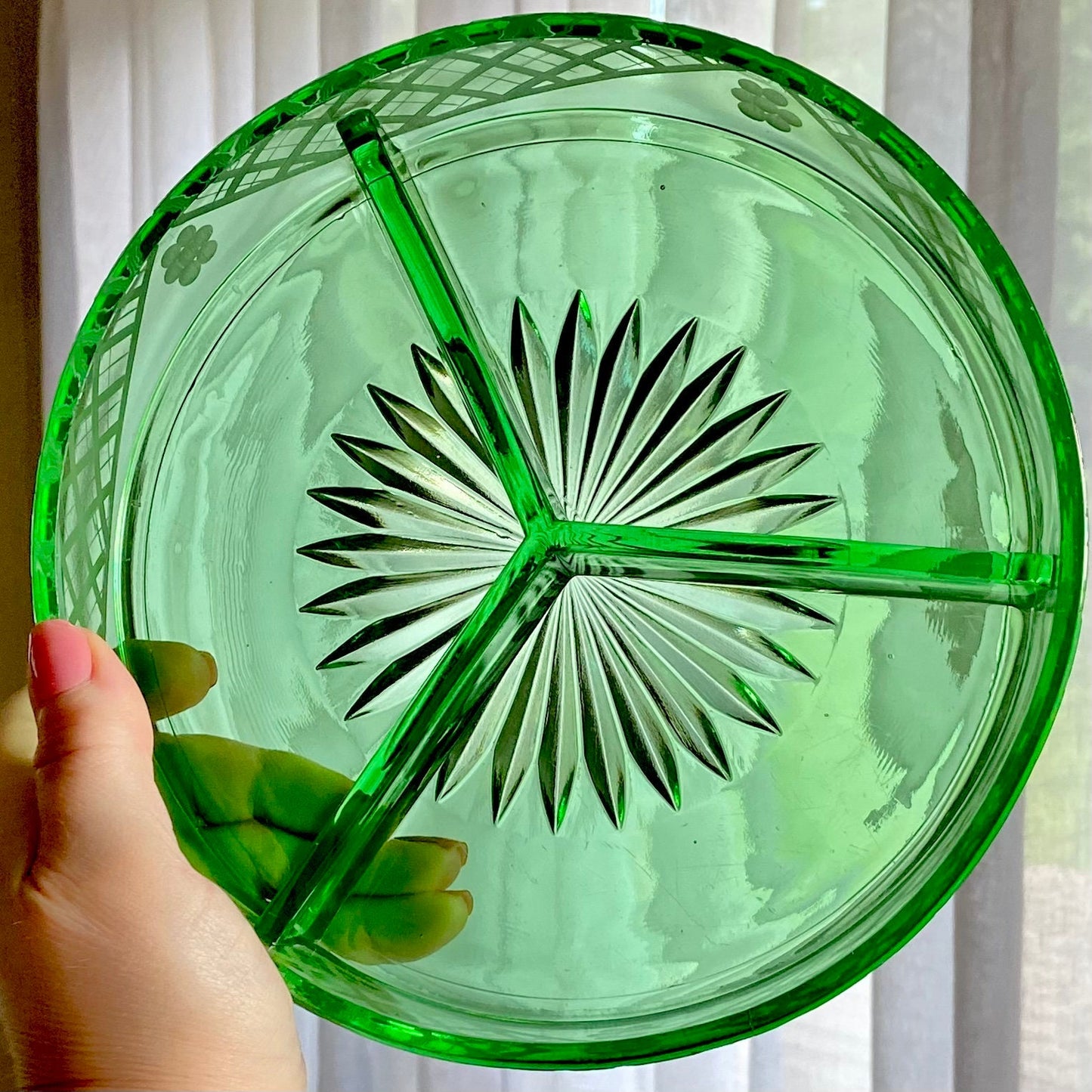 Vintage Uranium Glass Green Etched Three Part Dish