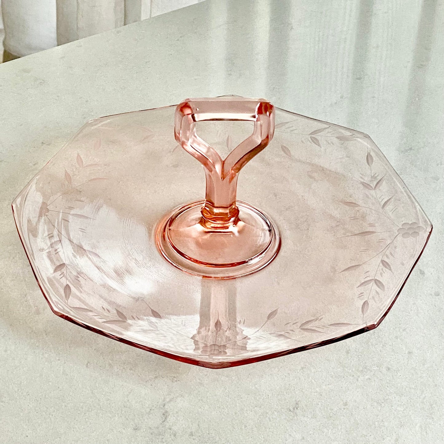 Vintage Pink Etched Glass Tidbit Tray